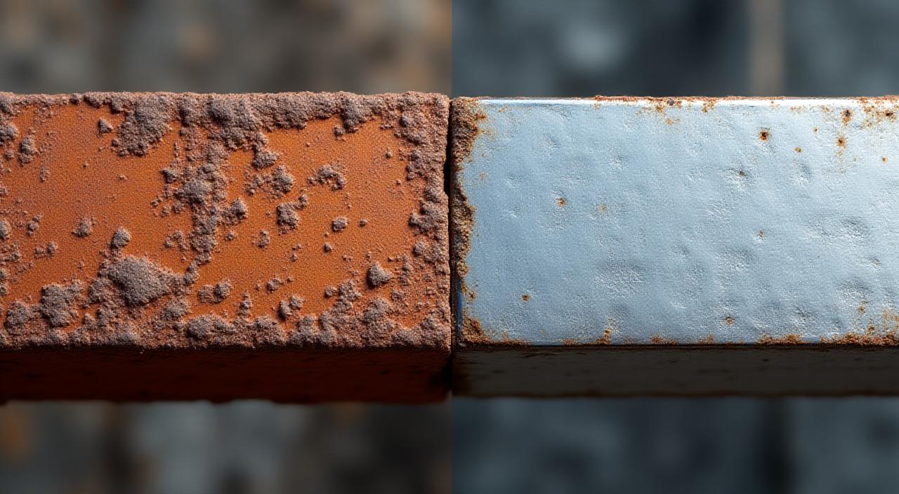 Comparativa de superficie metálica industrial antes y después de la limpieza de óxido